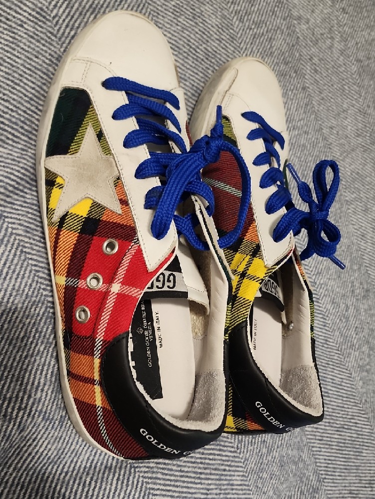 Golden Goose Superstar Plaid Low-Top Sneakers With Blue Laces